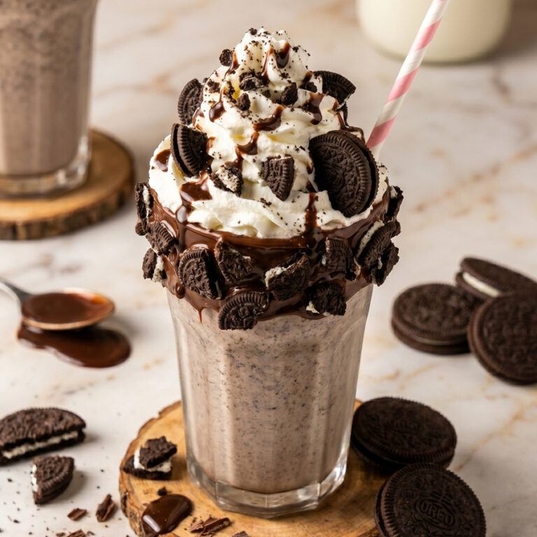 The Best Oreo Milkshake Recipe (Only 3 Ingredients!) decorated oreo milkshake with whipped cream