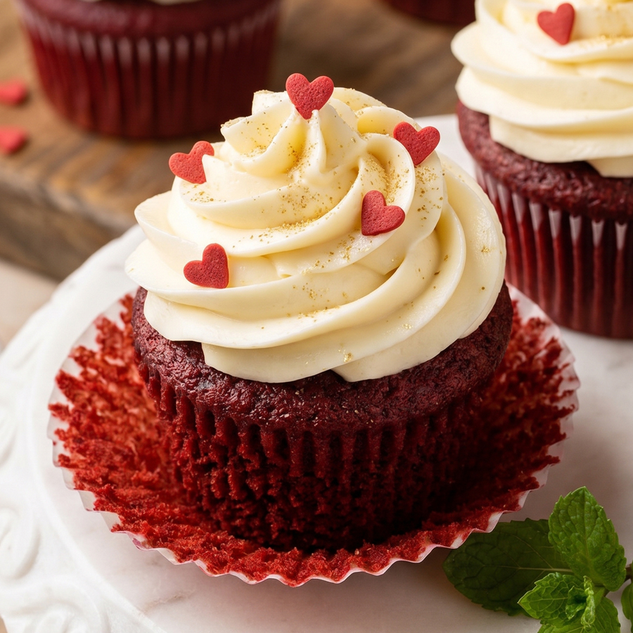 Beautiful red velvet cupcakes topped with white cream cheese frosting and red heart sprinkles, arranged on a wire cooling rack.