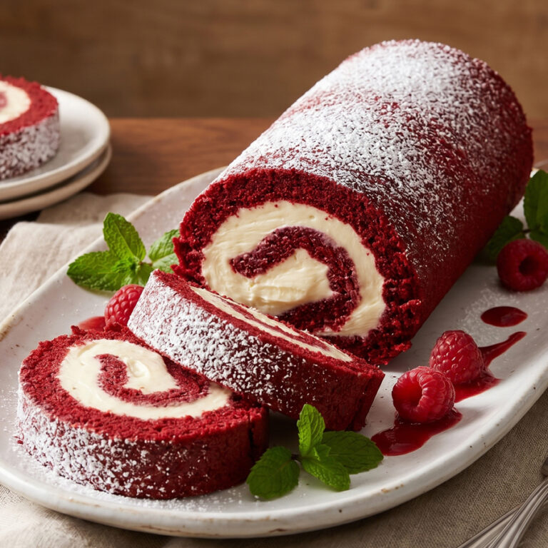 Red Velvet Swiss Roll with Cream Cheese Frosting decorated red velvet roulade with icing