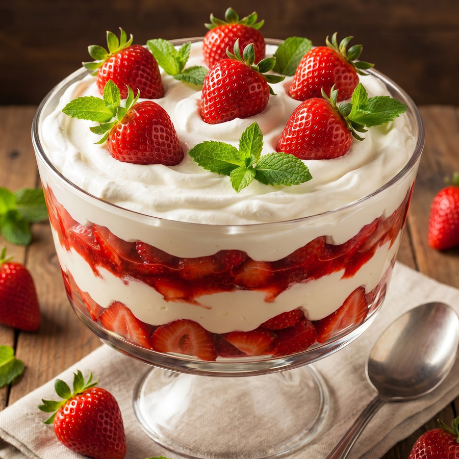 A layered strawberry cheesecake trifle in a glass bowl, topped with beautiful fresh strawberries and chocolate shavings on a wooden surface.