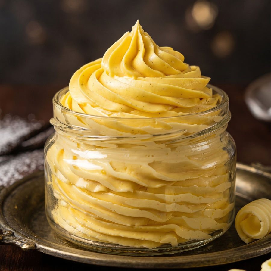 A glass jar filled with pale yellow French buttercream frosting, shown against a dark background to highlight its creamy texture.