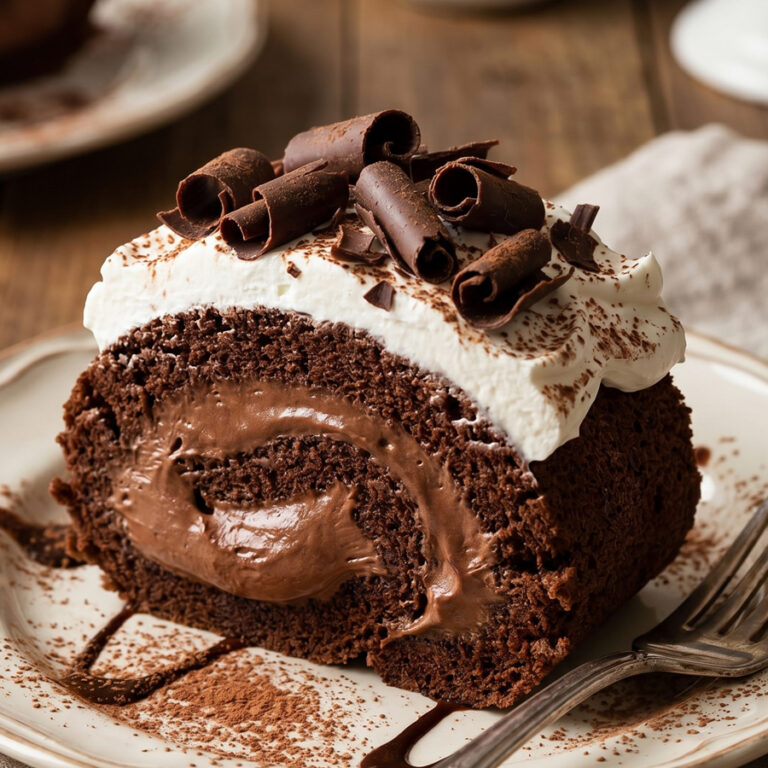 Decadent French Silk Cake Roll (Chocolate Swiss Roll) french silk cake roll slice on plate