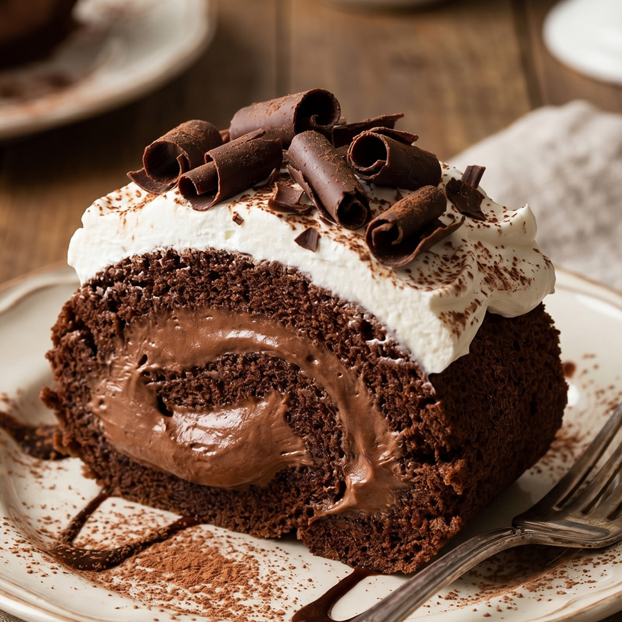 A slice of French silk cake roll showing the chocolate sponge rolled with rich chocolate filling, topped with whipped cream.