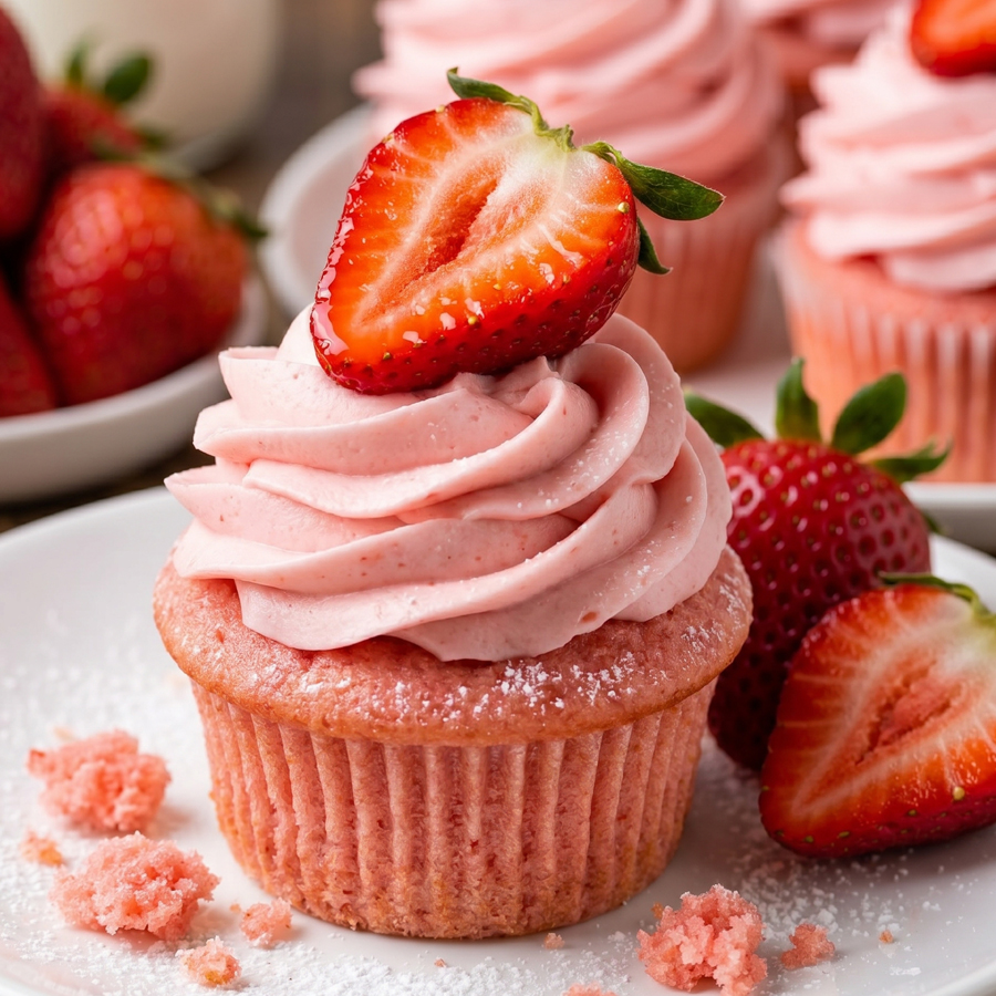A beautiful pink strawberry cupcake topped with a swirl of pink strawberry buttercream and a fresh strawberry slice, with other cupcakes blurred in the background.