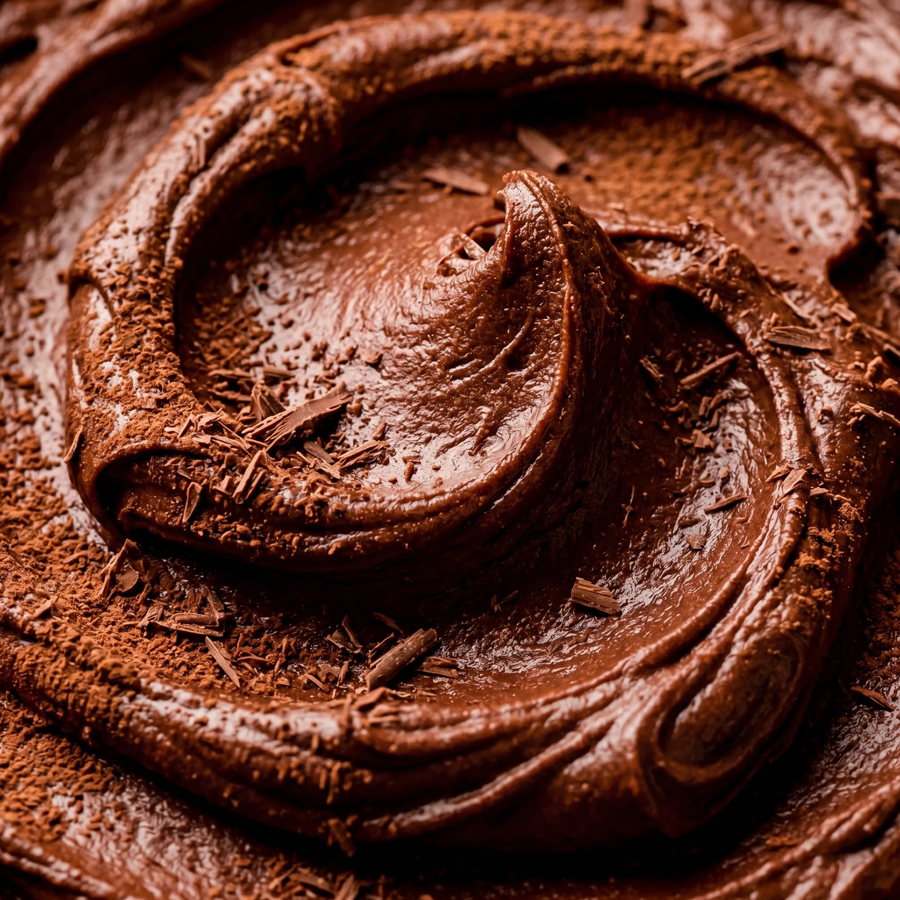 A close-up shot showing the thick, glossy, and perfectly smooth texture of homemade chocolate fudge frosting.