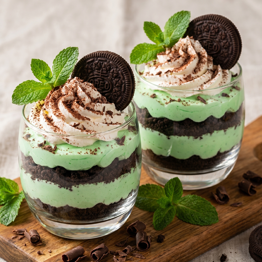 Mint Cheesecake Cups Two small mint cheesecake dessert cups with Oreo cookie crumbs, whipped cream, and fresh mint leaves on a white background.