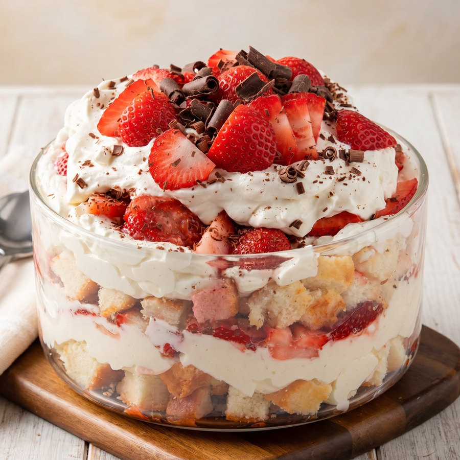 A tall glass trifle bowl filled with distinct layers of white cheesecake cream, fresh sliced strawberries, and cake pieces, served on a wooden board.