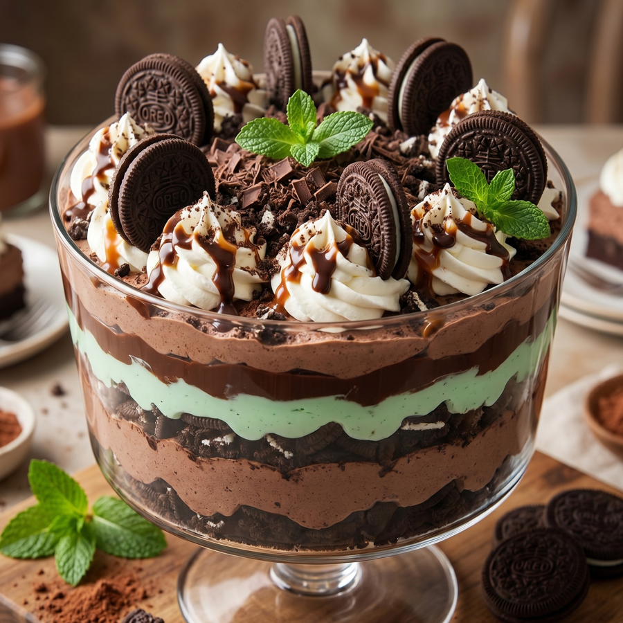 Layering the Trifle A clear glass bowl filled with layered chocolate brownie cheesecake trifle, showing alternating white cream and dark chocolate layers.
