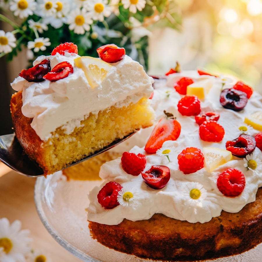 Cake and Frosting A close-up shot of a tender yellow lemon cake topped with a thick layer of vanilla whipped chantilly cream and fresh strawberries.