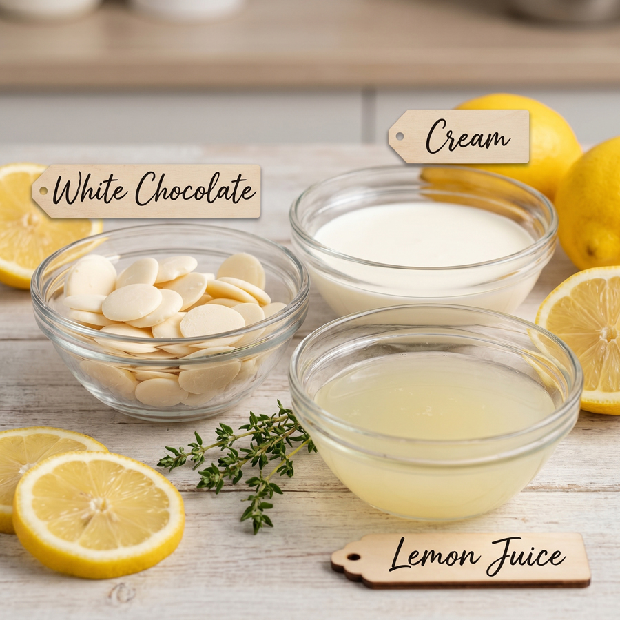 Three labeled ingredient bowls sitting on a light gray surface, containing chopped white chocolate pieces, heavy whipping cream, and fresh lemon juice.