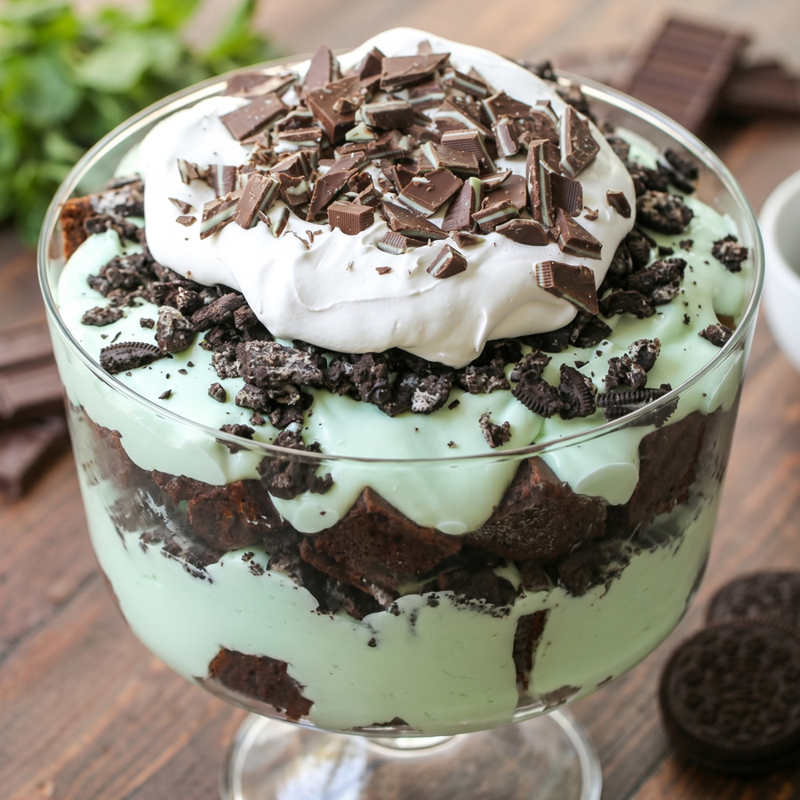 Mint Chocolate Oreo Trifle A glass dessert trifle layered with pale green mint cream, dark chocolate cake crumbs, whipped cream, and chocolate shavings on top.