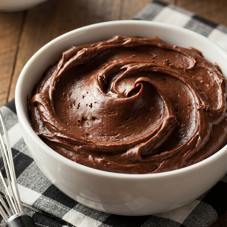 A large mixing bowl filled with thick, fluffy homemade chocolate frosting and a whisk resting inside, sitting on a checkered cloth.