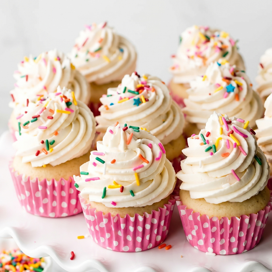 Several pink polka-dot cupcakes topped with fluffy white whipped frosting and colorful sprinkles, arranged on a white cake stand.