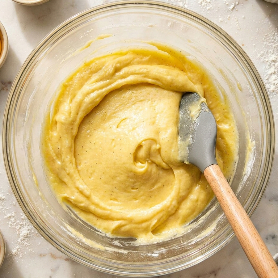 A glass bowl containing pale golden yellow cake batter on a marble surface, with a wooden-handled silicone spatula resting inside.