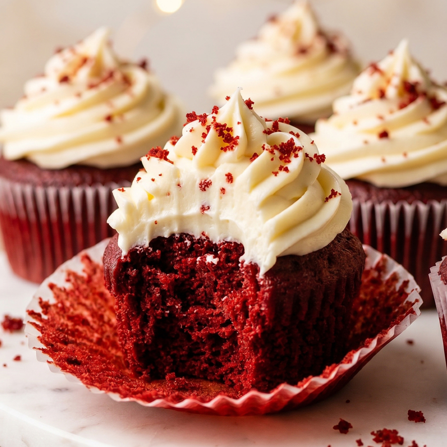 Close-up of red velvet cupcakes topped with white cream cheese frosting, with one cut open to reveal the moist, vibrant red interior crumb.