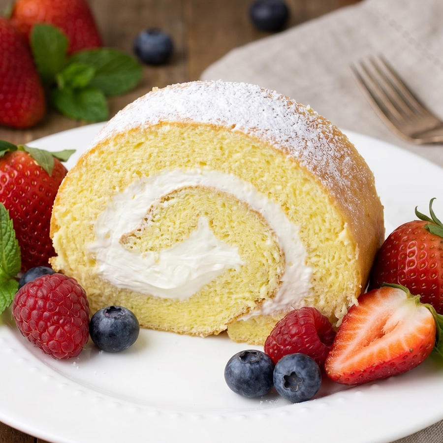 A beautifully sliced vanilla swiss roll cake showing a perfect white cream spiral filling, served on a white plate and garnished with fresh berries.
