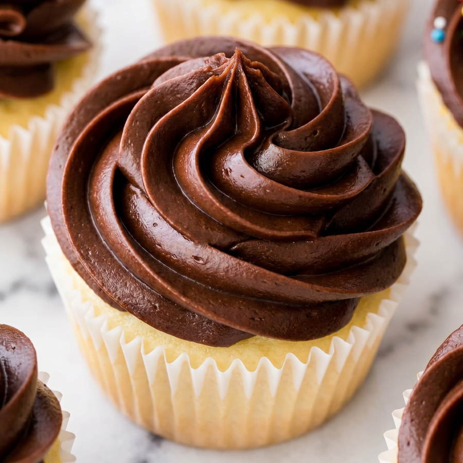 A close-up of cupcakes beautifully topped with tall, perfect swirls of glossy chocolate fudge frosting.

