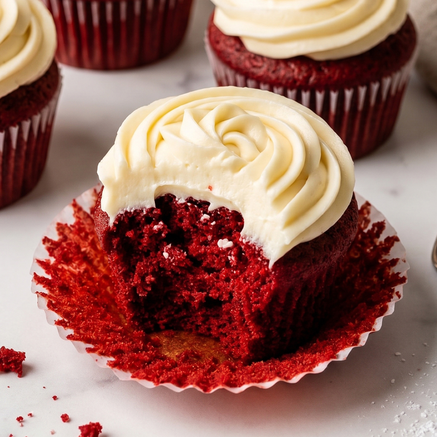Close-up of moist red velvet cupcakes topped with thick, swirled cream cheese frosting on a white tiled surface.