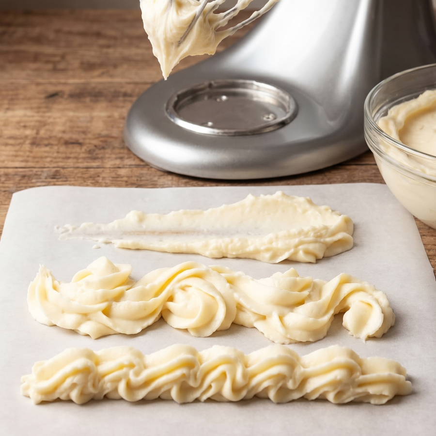Piped Buttercream Swirls A close-up of several beautifully piped swirls of pale Russian buttercream frosting on parchment paper.