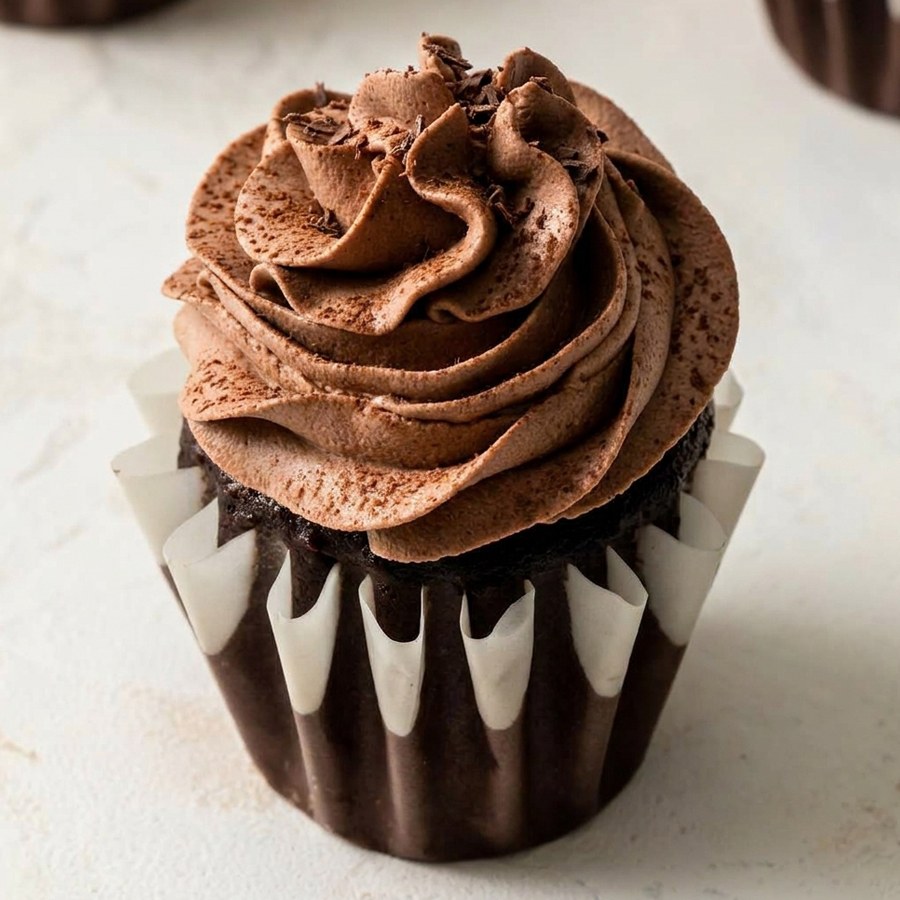 Close-up of a piping bag with a metal star tip applying swirled whipped chocolate frosting onto a cupcake in a white paper liner.