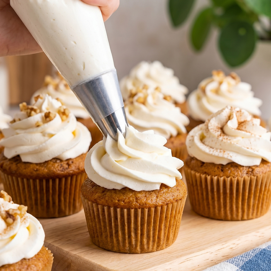 A white piping bag applying a swirl of smooth whipped cream frosting onto a bright orange cupcake on a wooden surface.