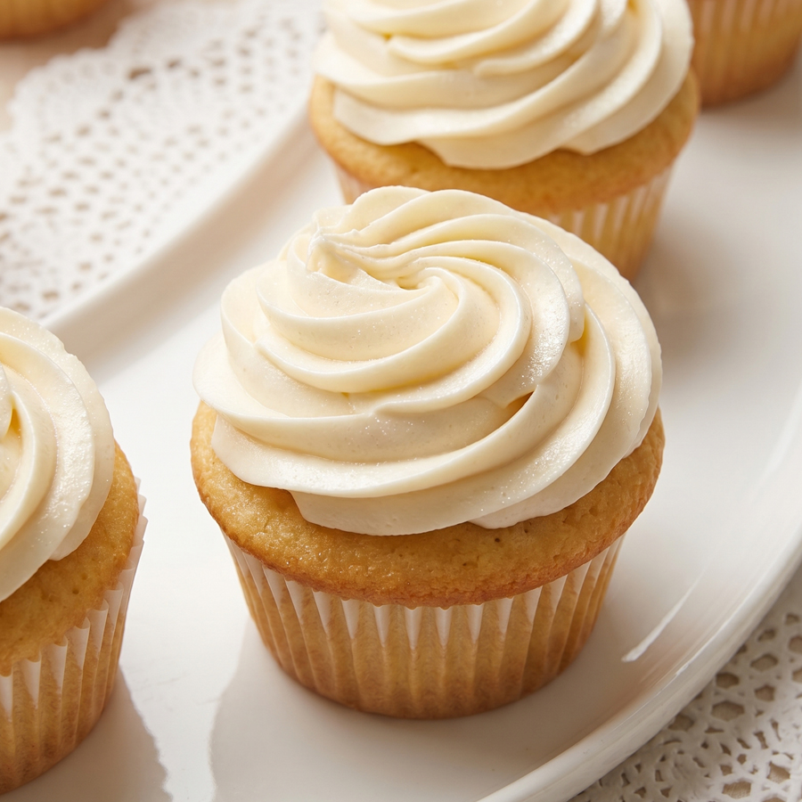A close-up of several vanilla cupcakes with generous swirls of pristine white buttercream frosting resting on a white plate with a lace doily.