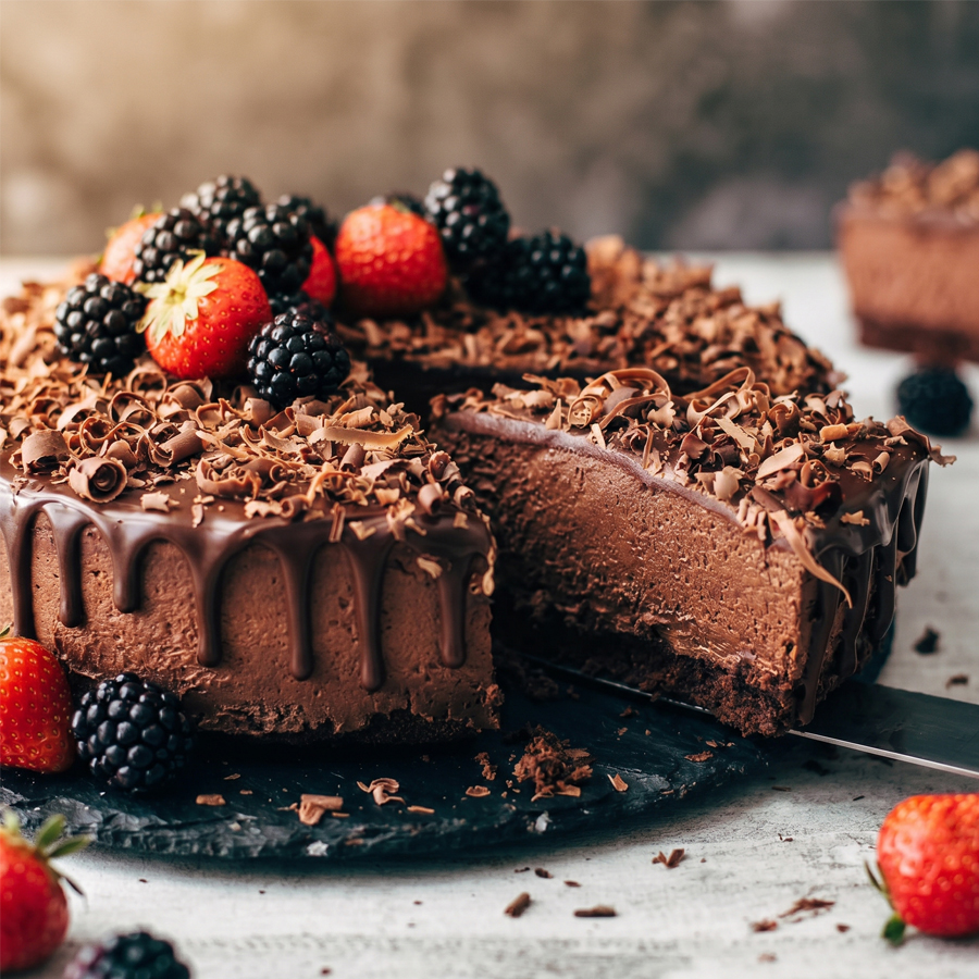 A sliced chocolate mousse cake topped with chocolate shavings and fresh raspberries and blackberries, served on a black plate.
