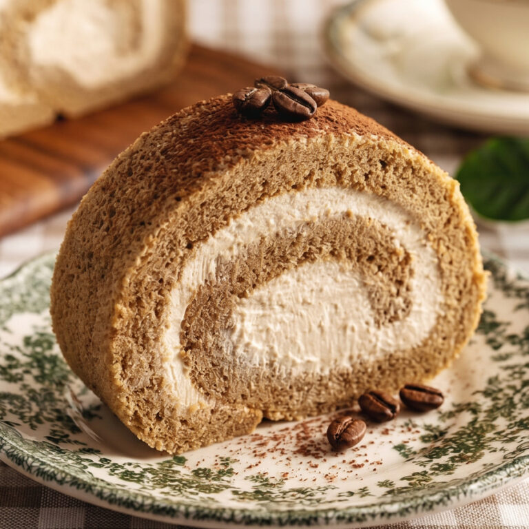 The Best Coffee Swiss Roll (Fluffy Chiffon & Cream) plated slice of coffee swiss roll