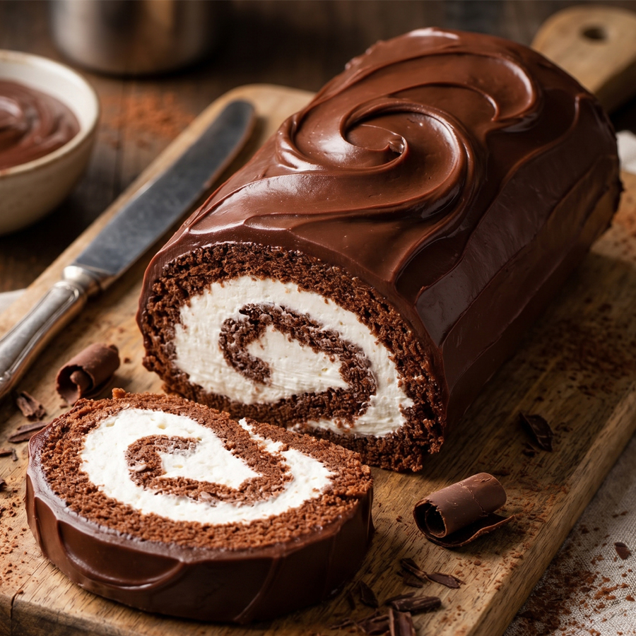 Sliced chocolate Swiss roll cake being cut on a wooden board with a knife, showing the tight spiral inside.