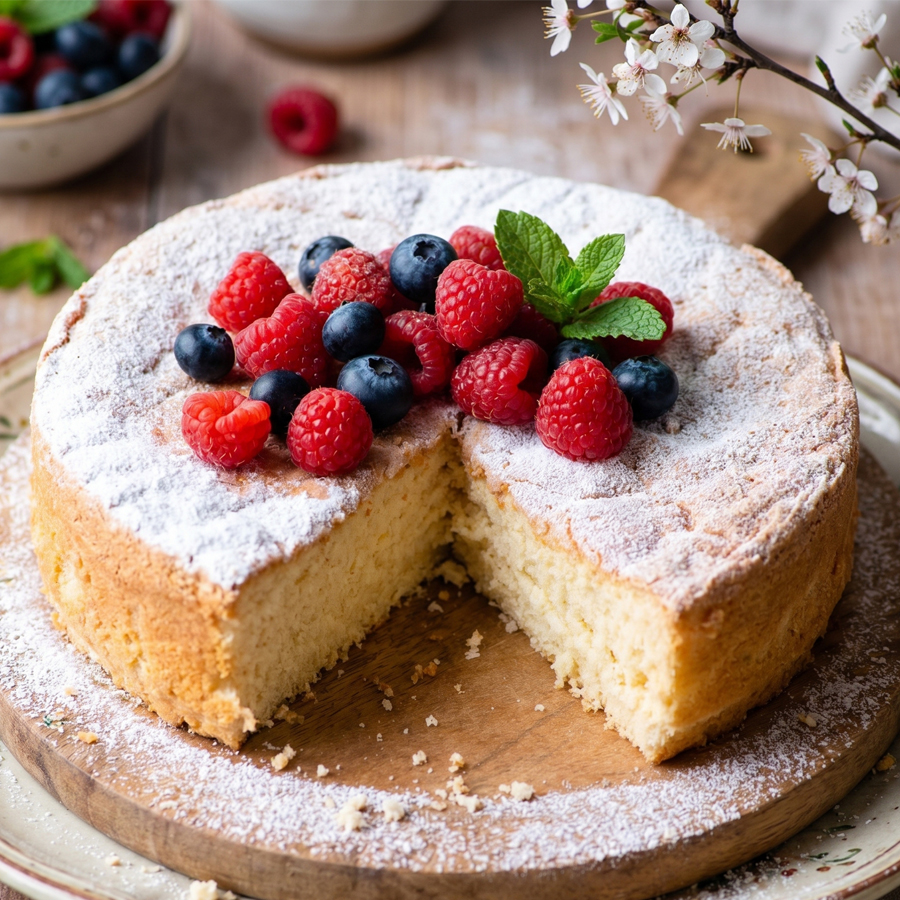 A close-up of a round Italian sponge cake dusted with powdered sugar, with a slice cut out to show the soft yellow interior, topped with fresh raspberries.
