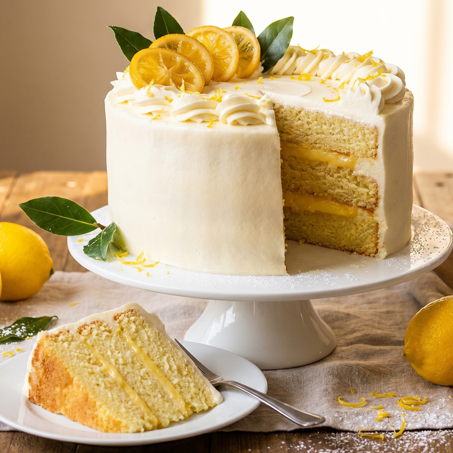 Lemon Chantilly Cake A beautiful slice of lemon chantilly cream cake with multiple yellow cake layers and fluffy white cream frosting, topped with fresh lemon slices, served on a white plate.