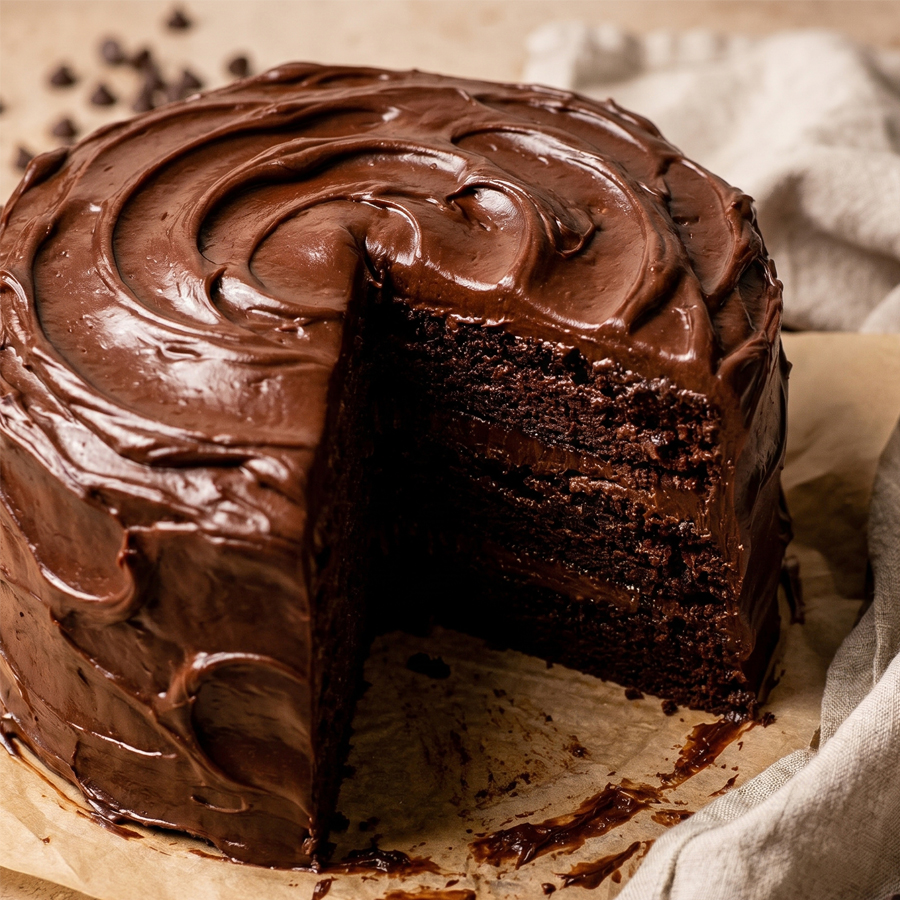 A sliced chocolate fudge layer cake on parchment paper with chocolate chips, showing multiple super moist layers and thick fudge frosting.