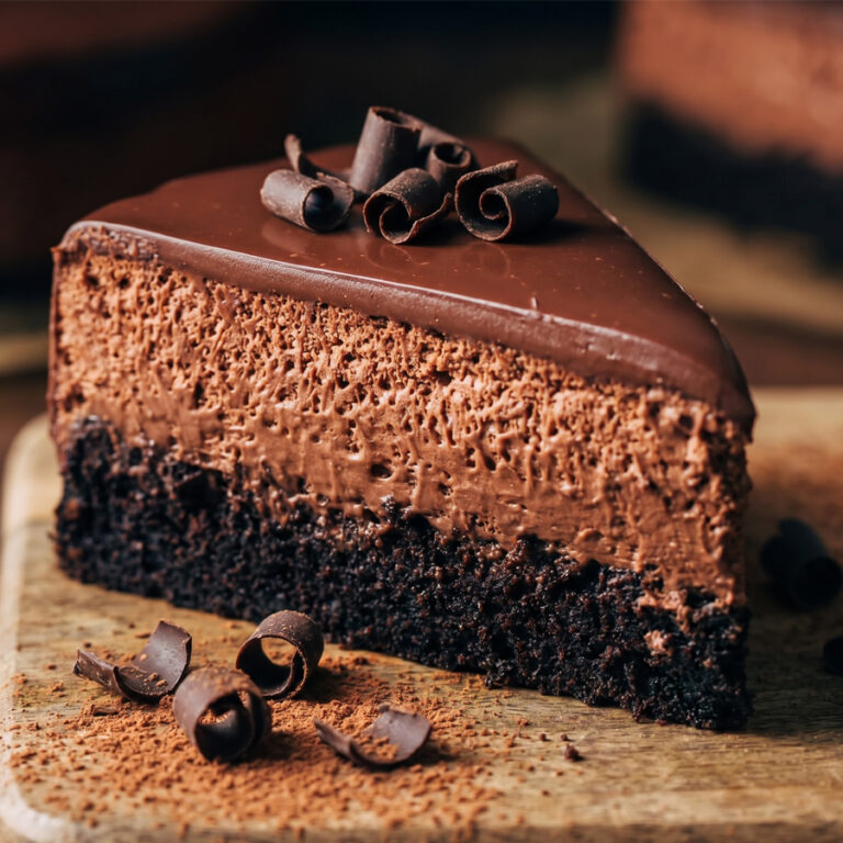 The Ultimate Chocolate Mousse Cake (Decadent & Easy) slice of triple chocolate mousse cake