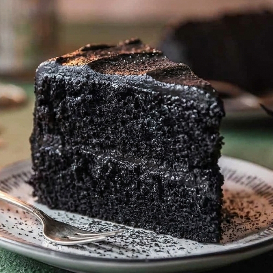 Halloween Black Cake A slice of dark black velvet cake on a plate, beautifully decorated for a spooky Halloween table setting.