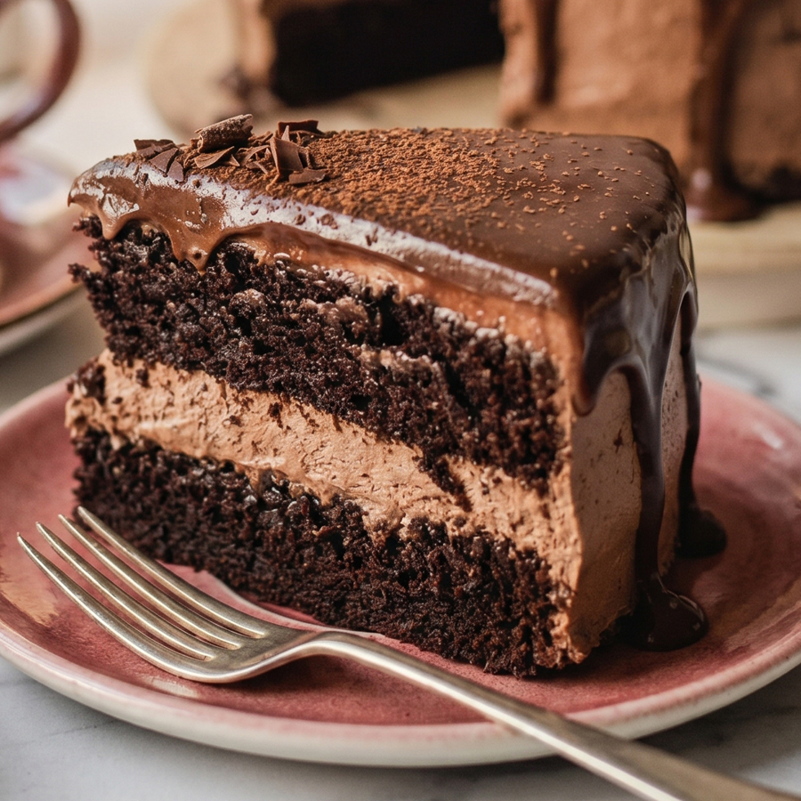 A slice of chocolate mousse cake on a pink plate with a fork, with the whole cake visible in the background showing distinct layers.