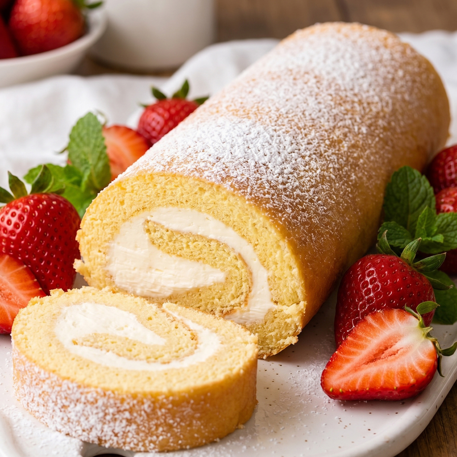 A sliced vanilla Swiss roll cake filled with whipped cream, with fresh strawberries visible in the background.