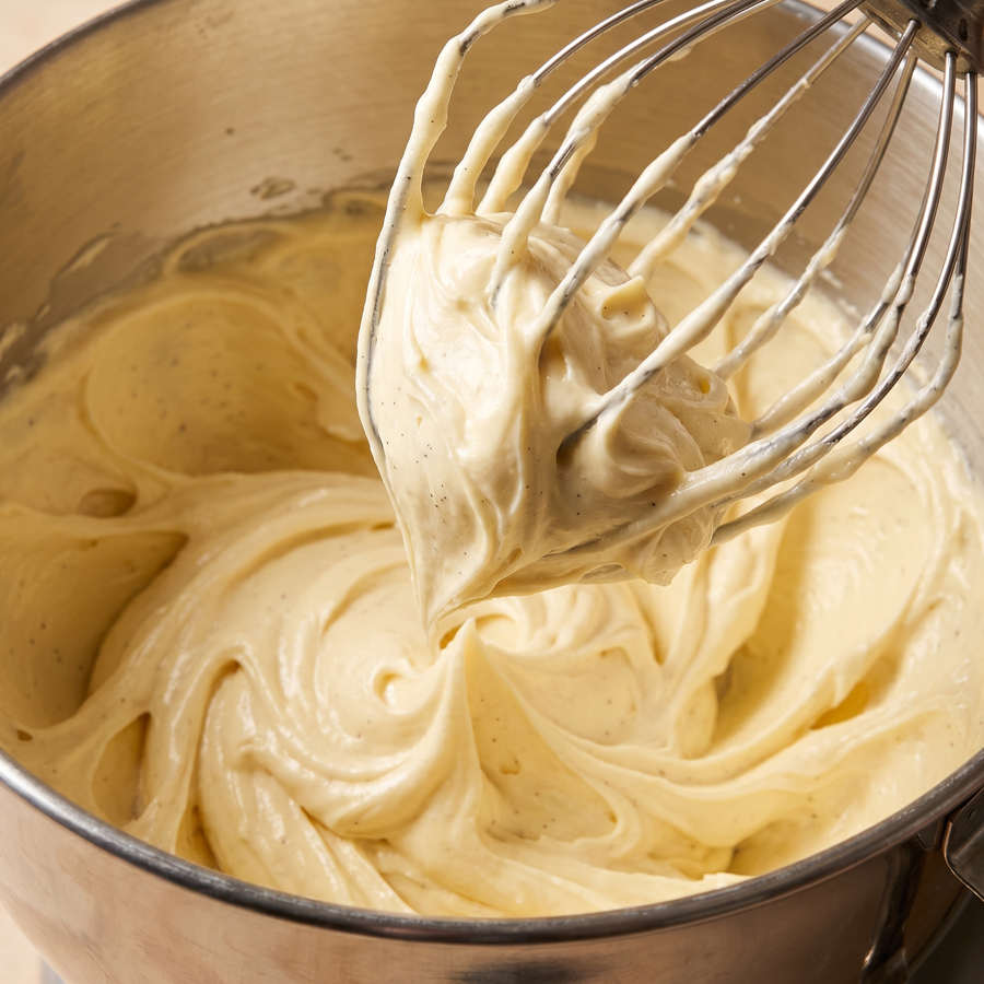 Silky Russian Buttercream A close-up of creamy, pale yellow buttercream being mixed in a bowl with a whisk attachment, showing off its incredibly silky texture.
