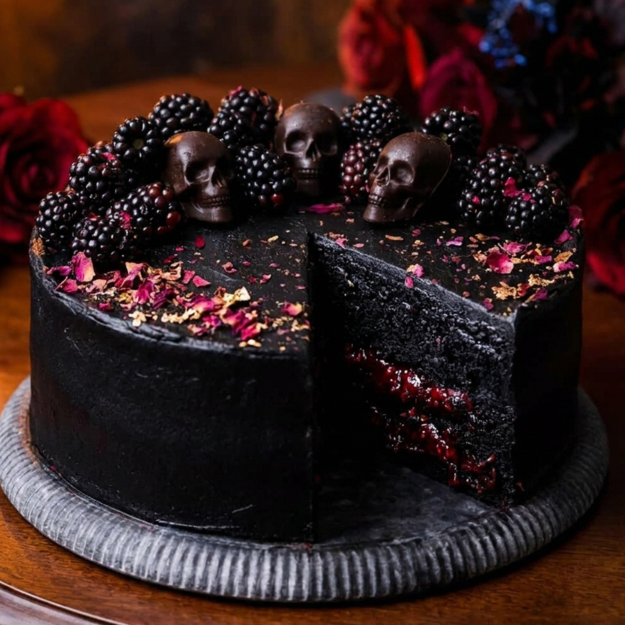 Spooky Black Velvet Cake A black velvet Halloween cake with dark frosting and striking red filling on a cake stand, decorated with skulls and spooky ornaments.