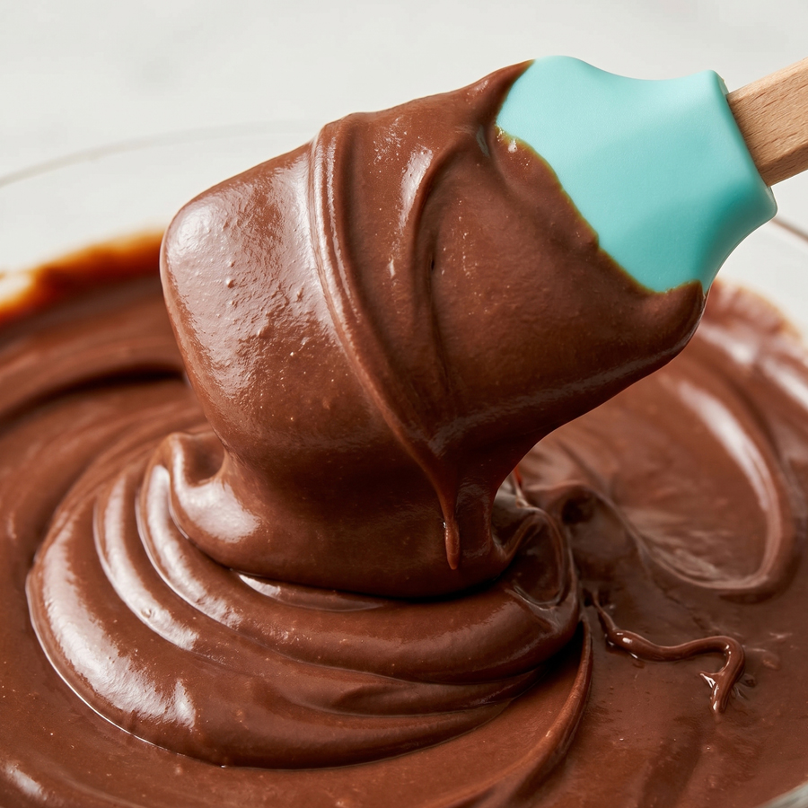 A close-up view of thick, glossy milk chocolate ganache being spread smoothly with a blue spatula on a wooden handle.
