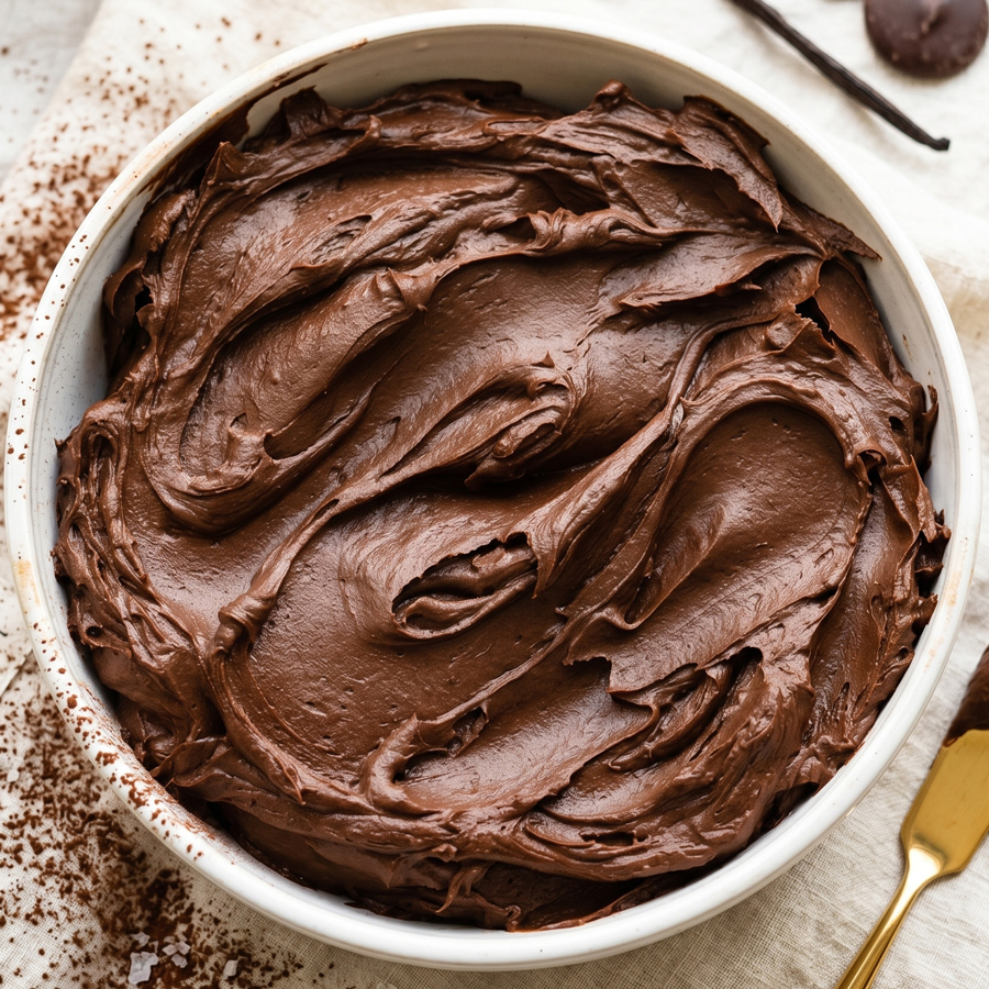 A bowl filled with rich, glossy chocolate ganache buttercream frosting, showing a thick, swirled texture perfect for piping.