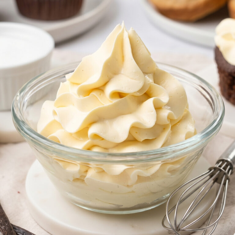The Best French Buttercream Recipe (Rich & Silky) swirled french buttercream in glass bowl