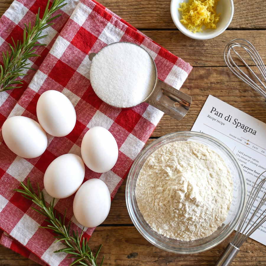 Ingredients for Italian sponge cake, including a bowl of sugar, whole eggs, and flour, arranged neatly on a red checkered cloth.