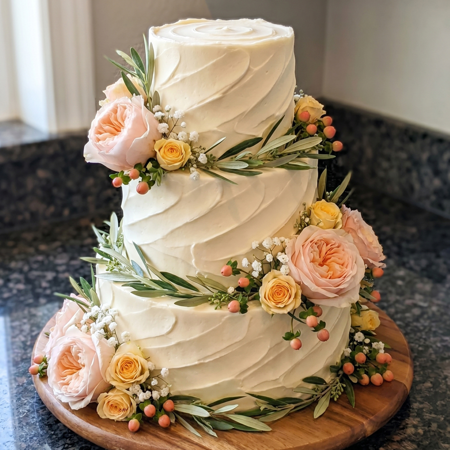 A beautiful three-tier white-frosted wedding cake adorned with peach roses and olive greenery, displayed on a wooden base at a wedding reception.