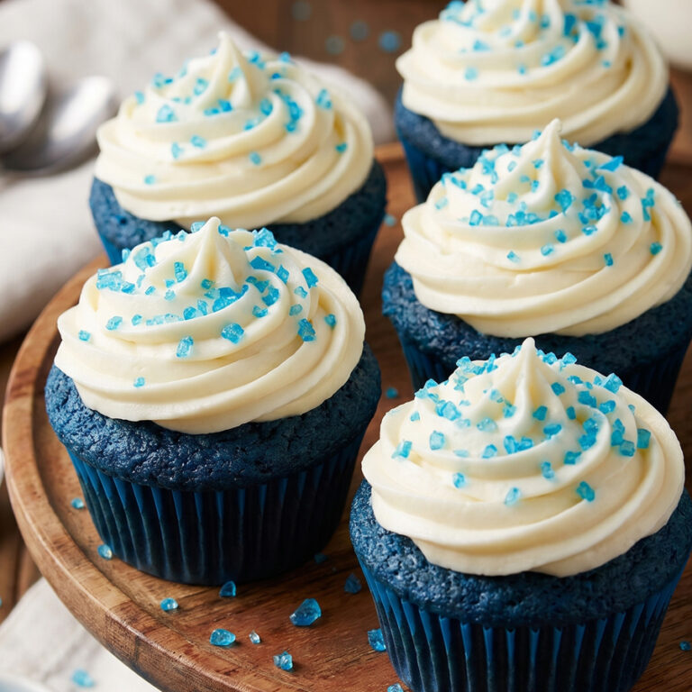 tray of blue velvet cupcake batter baking