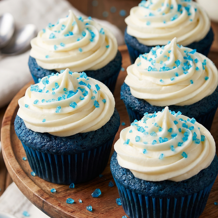 Baking Blue Velvet A tray of freshly baked, unfrosted cupcakes with a dark blue cake crumb, topped with slightly shiny blue candy crystals.
