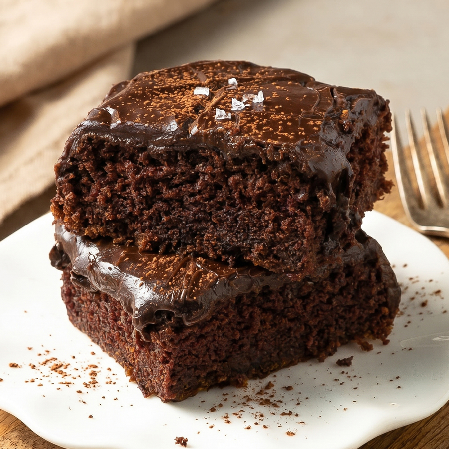 Two stacked slices of dark, rich chocolate buttermilk cake covered with a thick layer of glossy chocolate fudge frosting on a white plate.