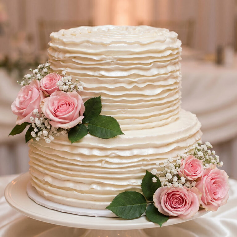 two tier wedding cake ruffle frosting