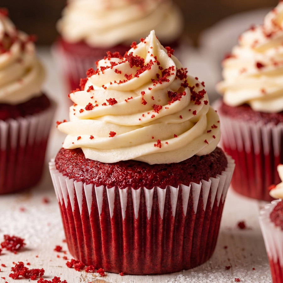 Close-up of baked red velvet cupcakes topped with white frosting and red sprinkles, with a glass of milk in the background.