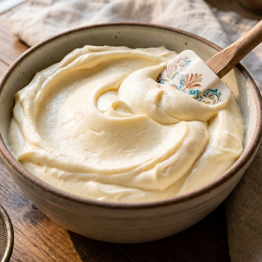Whipping the Butter White, aerated butter being whipped in a stainless steel bowl with a spatula, preparing the base for frosting.