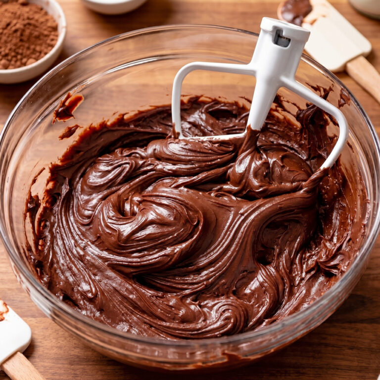 The Best Chocolate Fudge Frosting (Ultra-Rich & Easy) whipping chocolate fudge frosting in bowl